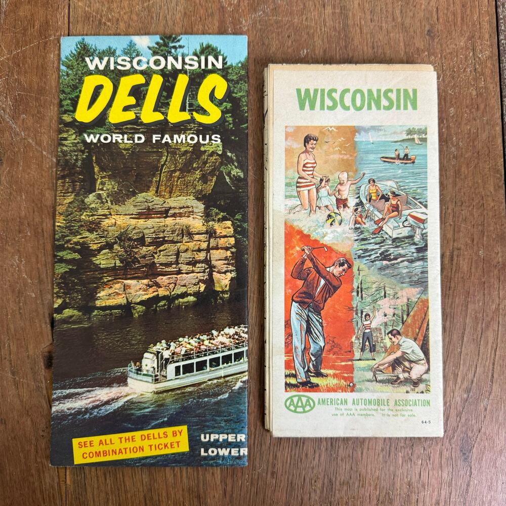 1960s AAA Wisconsin‎ State & Wisconsin Dells Felix Palm Vintage Fold out Maps